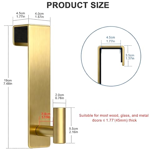 PMMASTO 2-Pack Over The Door Hooks - Rustproof Stainless Steel Door Hangers for 1-3/4 Inch Doors, Non-Marking and Tool-Free Easy Install (Gold, T Shape) - color: Gold, size: 7.5 Inch-2 Pack, Fits 1-3/4" Thick Door
