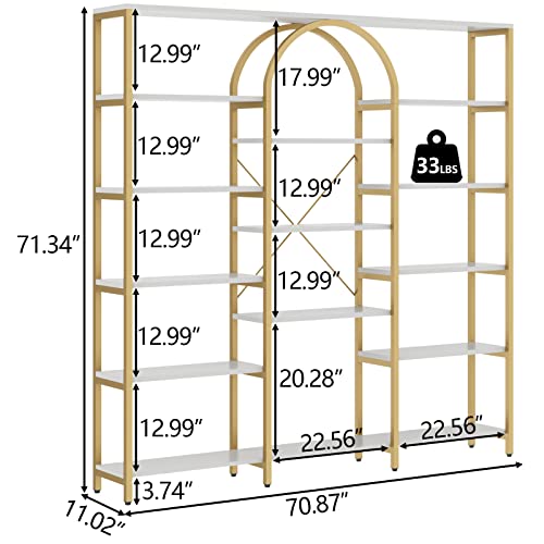 Auromie Triple Wide Gold Bookshelf, 70.87" W x 71.34" H Large Modern Etagere Bookcase, Tall Display Shelf with 13-Tier Open Shelves, Freestanding Staggered Storage Shelf for Home Office, White/Gold - color: White/Gold