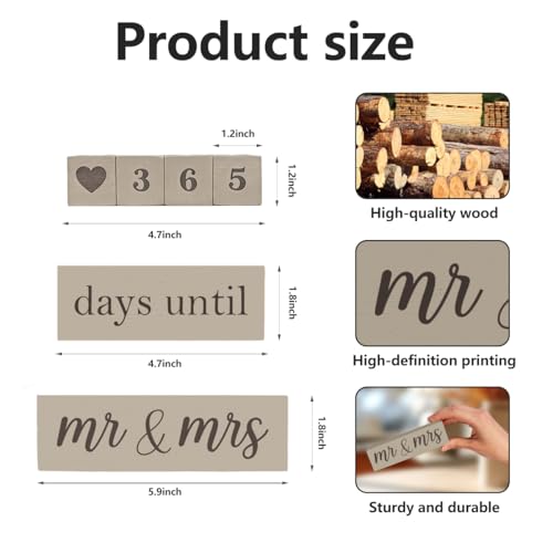6 Pcs Wooden Engagement Gifts for Couples Wood Engagement Party Decorations Block Wedding Day Countdown Calendar Fiance Gifts for Women Future Mr Mrs Newly Engaged Couples, Khaki - color: Khaki