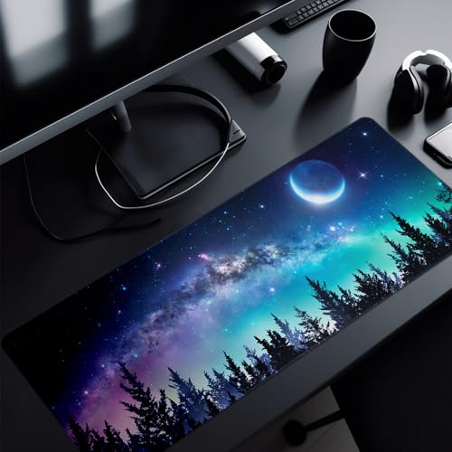 Tree Mouse Pad Abstract Starry Sky Mouse Pad 31.5x11.8 Inch Japanese Texture Non-Slip Rubber Base Large Mousepad Stitched Edges Keyboard Mouse Mat Desk Pad for Office and Home - color: Moon