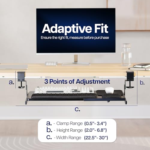 VIVO Large Height and Width Adjustable Under Desk Keyboard Tray, C-clamp Mount System, 22.5” to 30” (28.5” to 36” Including Clamps) x 11 inch Slide-Out Platform for Typing, Black, Mount-KBST1 - color: Black, size: 22.5” to 30” adjustable width