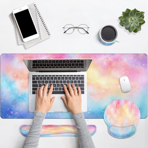 Arttown Iridescent Cloud Desk Mat Cute Mouse Pad Set 4 in 1 Colorful Starry Sky Ergonomic Design Large Desk Pad + Keyboard Wrist Rest + Mouse Wrist Rest + Coaster Suitable for Home Office Study Game - color: Iridescent Cloud