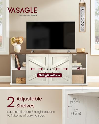 VASAGLE Farmhouse TV Stand for TVs up to 65 Inches, Entertainment Center with Storage Cabinets and Sliding Barn Doors, Media Console Table for Living Room, Rustic White and Honey Brown ULTV535W01 - color: Rustic White + Honey Brown, size: 58"L, style: TV