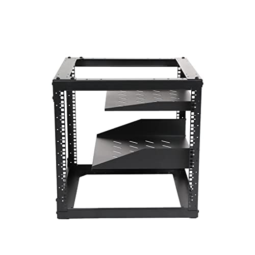 AEONS 10U Open Frame Network Server Rack 19-inch 4 Post AV Rack with Casters for Floor Standing and Wall Mount, Side Load for Extra Depth– Complete Kit with 1U and 2U Vented Shelves, Black - style: 10U-Kit