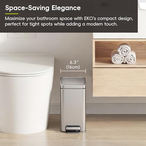 EKO Small Bathroom Trash Can with Lid Soft Close, Step Pedal, 6 Liter / 1.6 Gallon Stainless Steel Garbage Can with Removable Inner Bucket, Anti-Fingerprint Finish (Silver) - color: Stainless Steel, size: 6L