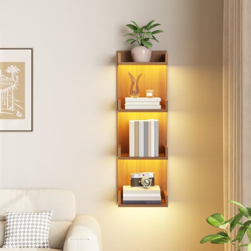 HOOBRO Floating Wall Shelves with LED Lights, Floating Shelf Wall Mounted | Shelf for Storage, Vertical Display Stand, Modern Column Rack, for Bedroom, Livingroom, 4-Tier, 35.4 Inches, Walnut - color: Walnut, size: 35.4 Inches