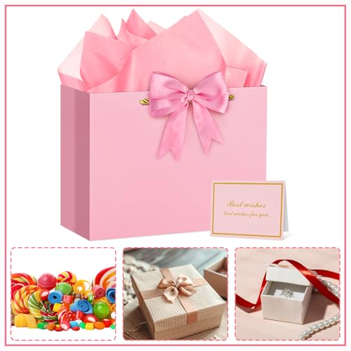 Hooqict Pink Gift Bag Large Birthday Gift Bags with Handles, 1 Ribbon, 4 Tissue Paper, 2 Greeting Cards for Women Girls Anniversary Wedding Baby Shower Valentines Galentines Mothers Day Presents - color: Pink