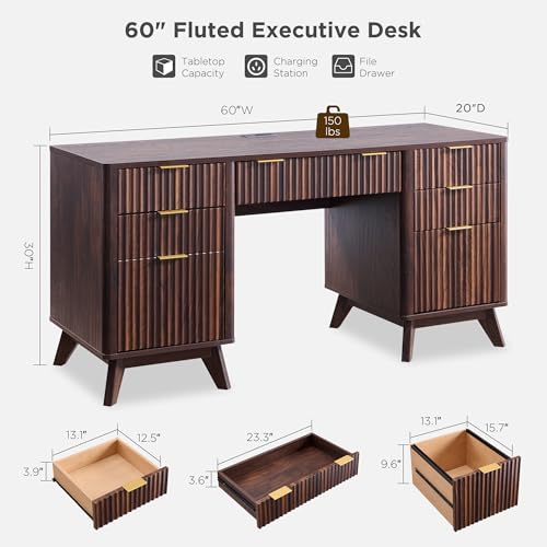 T4TREAM 60'' Fluted Executive Desk with Drawers, Modern Home Office Computer Desk with Charging Station, Keyboard Tray, File Drawer and Storage Cabinet for Study, Living Room, Bedroom, Dark Walnut - color: Dark Walnut