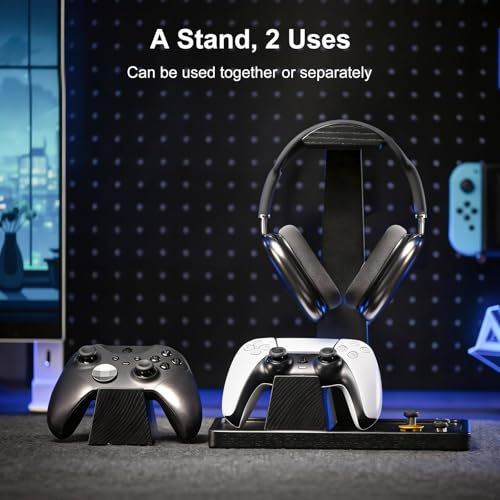 UPERGO Headset Stand with 2 Controller Holders - Solid Wood & Metal Gaming Headphone Holder for Switch, Controllers, and Desk Accessories (Black) - color: Black