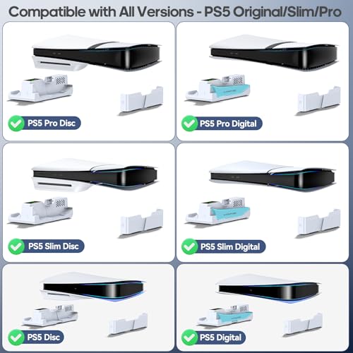 PS5/Slim/Pro Horizontal Stand with Cooling Fan & Charger for Original & Edge Controllers, Scalable Design PS5 Accessories Base with EVA Foams for All PS Five Disc & Digital, PS 5 Sideways Stand White - color: White, size: M
