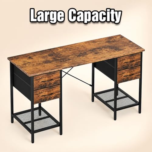 SUMELL 55 Inch Computer Desk with 4 Drawers, Rustic Brown Home Office Desk with Mesh Shelf for Gaming, Study, and Writing Workstation