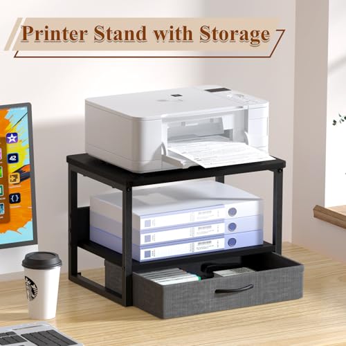 MARTY Printer Stand with Storage Drawer for Desk, 2-Tier Desktop Printer Stand Shelf Organzier for Home Office Printer Riser Under Desk Small Printer Table for Fax Machine Copier Scanner (Black) - color: Black, size: 2 Tier with Drawer