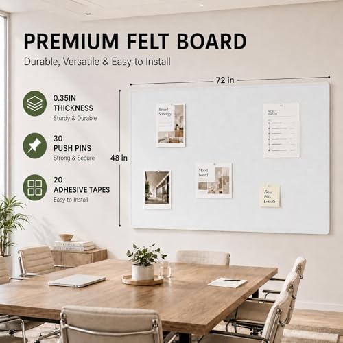 Felt Bulletin Board for Wall 72" x 48" Unfolded Size, Large Frameless Felt Pin Board, Soft Cork Board Alternative for Office, Home Planning, Notes, Photos & Wall Decor, Foldable Shipping, Easy Install - color: White, size: 72" x 48"