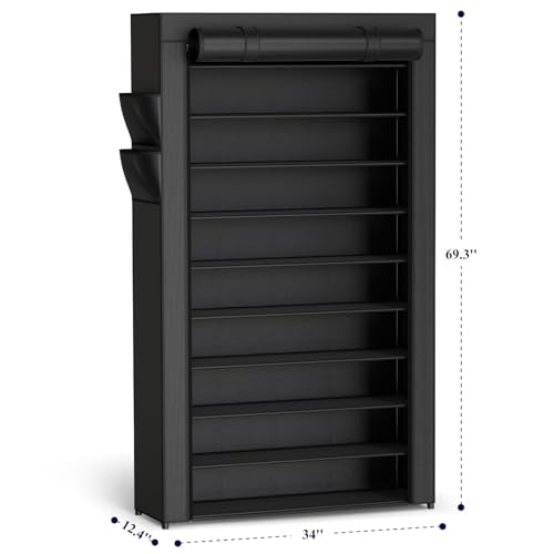 Kitsure Shoe Rack - 10-Tier Large Capacity Shoe Organizer Shelf with Dust Cover & Side Pockets, Rust-Proof Metal Shoe Rack for Closet, Entrance, Living Room, 33.6" x 12.4" x 69.3", Black - color: Black, size: 33.6" x 12.4" x 69.3"