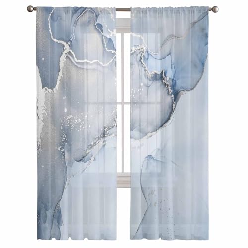PIEPLE Blue Marble Sheer Curtains 72 Inch Length 2 Panels Set for Living Room/Bedroom, Blue Grey Stripes Marble Texture Nature Tone Semi Curtain Sheers Drapes Rod Pocket Curtains Window Treatment Set - color: Marble, size: 52"W x 72"L (Pack of 2)