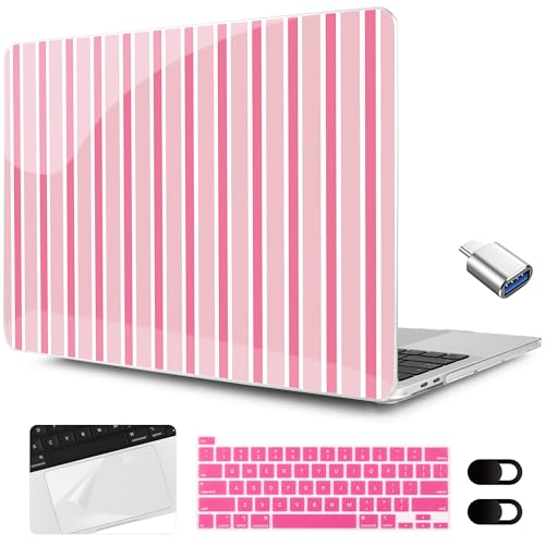 MEEgoodo for MacBook Pro 13 inch Case 2022 2021 2020 A2338 M2/M1 A2251 A2289 with Touch ID,Clear Laptop Shell Cases with Keyboard Webcam Cover&Trackpad Film& Type C Adapter, Light Pink&White Stripes - color: Light Pink&White Stripes