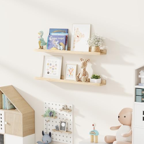 Fun Memories Picture Ledge Shelf, Pine Wood Floating Shelves Set of 2, 36 inch Nursery Book Shelves, Photo Ledge Book Shelves Wall Mounted for Living Room Kids' Room Bedroom - Natural - color: Usa-sourced Pine Wood Natural Unfinished, size: 36in