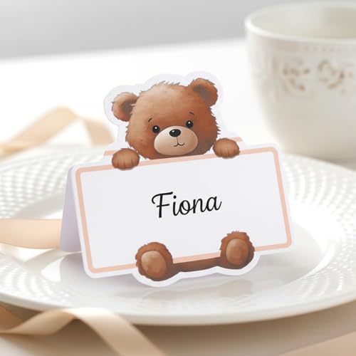 50 Pcs Bear Baby Shower Place Cards for Table Setting, Self-Adhesive Jungle Animals Name Tag Labels Stickers for Coquette Birthday Party Table Setting Supplies