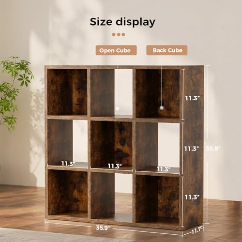 LUCKLIFE 9-Cube Storage Organizer, Stackable Modular Bookcase Shelf with Vertical or Horizontal Use, Fits 11×11" Bins, Optional Back Panels, for Living Room, Office, Vintage Brown - color: 9 Cube - Vintage Brown