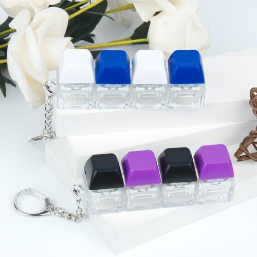 2 PCS 4-in-1 Keyboard Fidget Toy Keychain, Finger Clicky Button Toy Stress Relief Keychain with Swappable Keycaps, Mini Mechanical Key Fidget for Office Desk Focus Gifts (Blue White Black Purple) - color: Blue White Black Purple