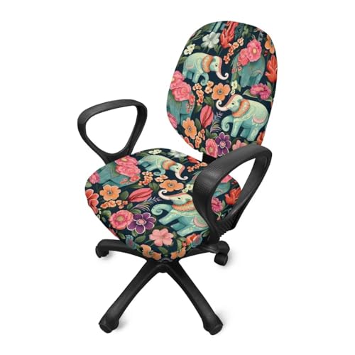 Floral Elephant Office Chair Covers Stretchable Office Chair Seat Cover 2 Piece Washable Gaming Chair Cover Universal Fit Most Wheelchairs,Computer Chairs,Gaming Chairs - color: Floral Elephant