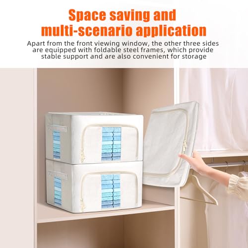 Foldable Clothes Storage Bins with Solid core powder-coated steel fram, 24/ 66L Storage Bags Fabric Box Organizer with Clear Window Zippers Sturdy Handles 2 Pack (Beige, 24L 2Pack) - size: 24L 2Pack