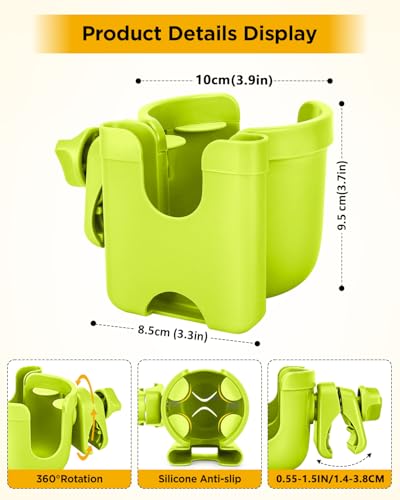 Universal Stroller Cup Holder with Mobile Phone Case, 2-in-1 Strollers Storage Rack, 360 Degrees Rotation Drink Holder for Bike, Pushchair, Wheelchair, Walker,Bicycle, Fits Most Cups (Green) - color: GREEN