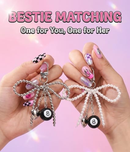 Novelty Poker and Billiards Keychain Keychains - Dice Pearl Bow Charm, Accessory for Backpacks, Purses, and Car Keys - color: Eight Ball Bow Keychains