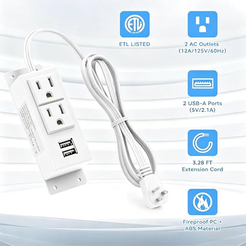 Kungfuking Surge Protector Power Strip Flat Plug Desk Power Grommet Conference Wall Mount USB Outlet Power Socket 2-Socket & 2-USB Ports 3.28 FT Extension Cord (White) - color: White-3.28FT