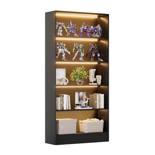 CODACE Tall Wooden Black Bookshelf - Book Shelf with LED Lights, Lighted Display Shelf with 5-Tier Shelves, Large Display Bookshelves for Collectibles, Modern Bookcase for Living Room, Bedroom, Office - size: 5 Tiers - 10.2"D x 27.5"W x 65"H