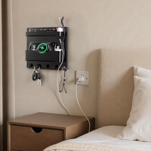 Bedside Wall Shelf with Glasses Hooks ,Adhesive Bedside Organizer Wall Mount for Dorm and Room Accessories Phone,Remote,Earphone, Kindle (Black) - color: Black