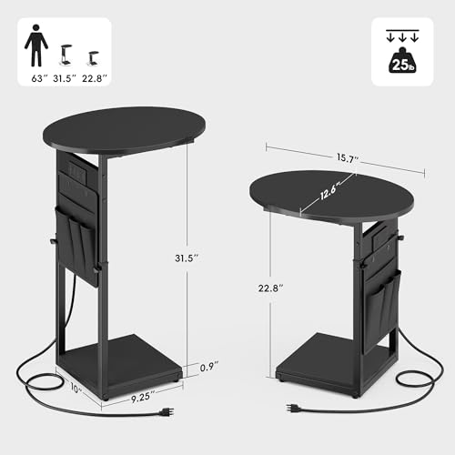 Vagusicc C Shaped End Table with Charging Station, 32" Tall Side Table for Couch and Recliner, Adjustable Height Small Couch Side Table Slide Under Sofa TV Tray Table for Living Room, Bedroom, Black - color: Black, style: Charging Station
