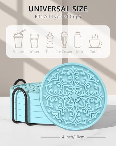 Drink Coasters, Coasters Set of 6 for Cup with Holder, Non-Slip Silicone Cup Mats for Hot and Cold Drinks, Cute Absorbent Coffee Bar Accessories Table Decor, Blue - color: Blue