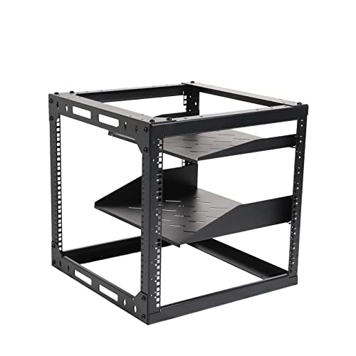 AEONS 10U Open Frame Network Server Rack 19-inch 4 Post AV Rack with Casters for Floor Standing and Wall Mount, Side Load for Extra Depth– Complete Kit with 1U and 2U Vented Shelves, Black - style: 10U-Kit