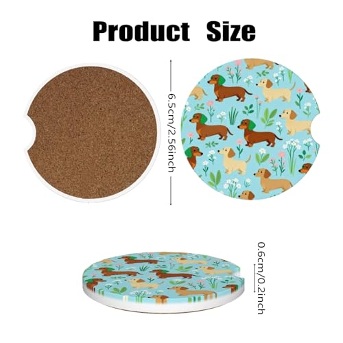 Car Cup Holder Coasters, 2 Pcs Ceramic Coasters with Finger Slot and Cork Back, Anti-Slip Shock Absorbing Women and Men Universal Car Accessories - Lovely Wiener Dog - color: Lovely Wiener Dog