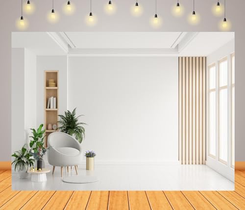7x5ft Fabric Modern Interior Backdrop Minimalist Empty Room White Wall and Plants Decor Background Home Office Video Conference Zoom Background Photo Booth Studio Props - size: 7x5FT