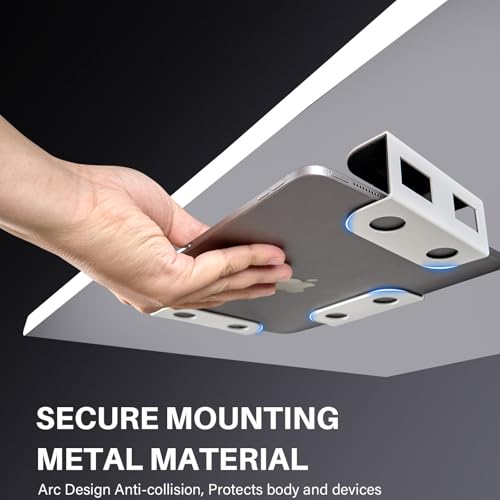 BYMECOST Under Desk Laptop Storage Mount, Metal Under Desk Device Holder, for Devices Up to 1.37" Thick, MacBook, Mini, Keyboard, Router, with Anti-Scratch Silicone (White) - color: White, size: 1.37" without hook