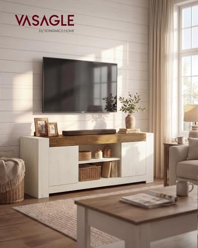 VASAGLE TV Stand, Farmhouse Entertainment Center with Storage Cabinets, Media Console Table for Living Room, Bedroom, for 65 Inch TV, 58 x 15.7 x 23.6 Inches, Rustic White and Honey Brown ULTV623W201S - color: Rustic White + Honey Brown, size: 58"L