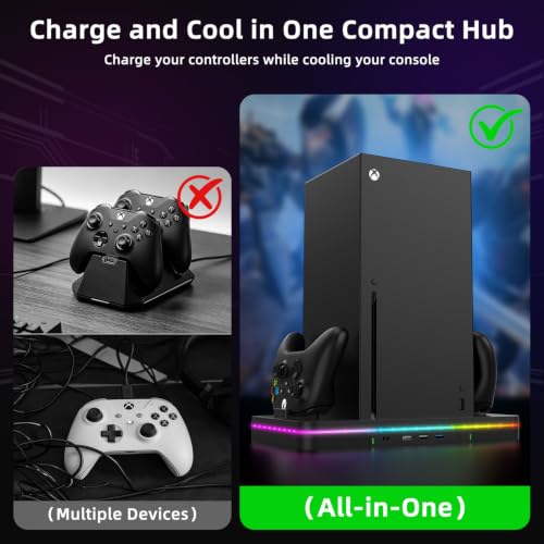 Charging Stand with Cooling Fan, CODOGOY Vertical Stand Compatible with Xbox Series X/S Console and Controller, Vertical Dual Controller Charger Station Dock Accessories with 3 USB Ports,Black - color: Black