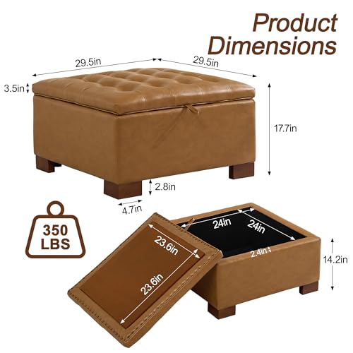 WUTUTUEE 30" Faux Leather Square Storage Ottoman with Wooden Tray, Modern Tufted Button Footstool Coffee Table, Upholstered Large Ottoman for Living Room, Bedroom, Brown - color: Brown-pu, size: 30 Inch