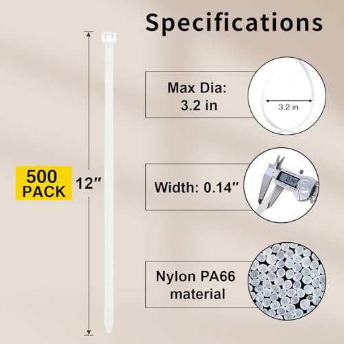 Zip Ties 12 Inch, 500 Pack, White Cable Ties for Multi-Purpose, Nylon/Plastic Wire Ties for Home Improvement, Office & Outdoor Use (Clear-Colored Style), 45lb Tensile Strength. - size: 12" (500 Pack)