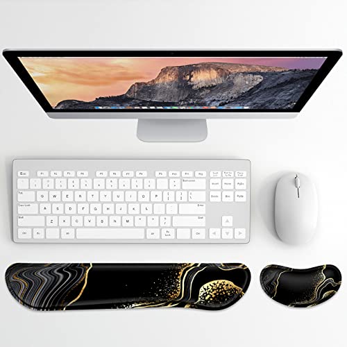 Dapesuom Enlarge Keyboard Wrist Rest, Memory Foam Wrist Cushion for Desk Mats Support, Marble Pain Relief Keyboard Mouse Pad Rests Set with Non-Slip Base for Gaming Laptop Office Computer, Black Gold - color: Black Gold Marble