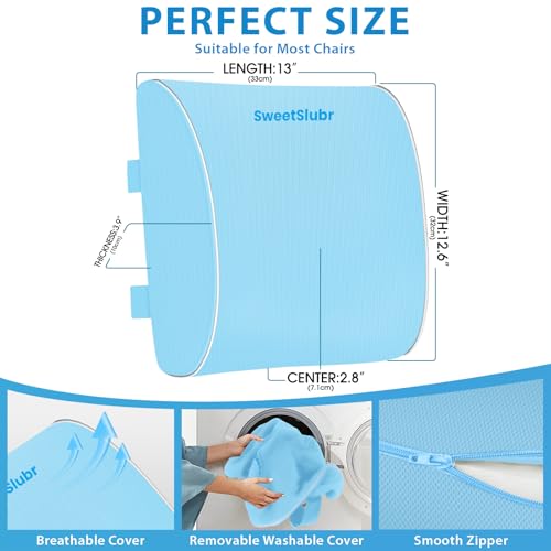 SweetSlubr Lumbar Support Pillow for Office Chair, Car & Gaming Chair, Ergonomic Memory Foam Cushion for Back Comfort, Zoned Back Support, Double Adjustable Straps,Breathable Washable Cover,Light Blue - color: Light Blue, size: Large