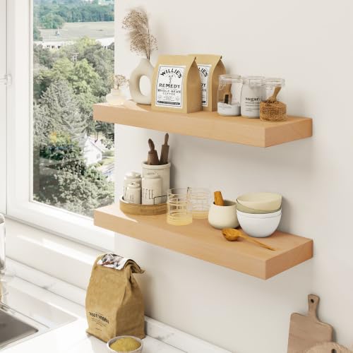 Floating Shelves for Wall, USA-Sourced Beech Wood 16 Inch Wall Shelves Set of 2, Natural Wooden Mounted Picture Ledge Shelf, Nursery Book Storage Shelf Kids Bookshelf Display, Shelf for Bathroom - color: Usa-sourced Beech Wood, size: 16''W, 2Packs