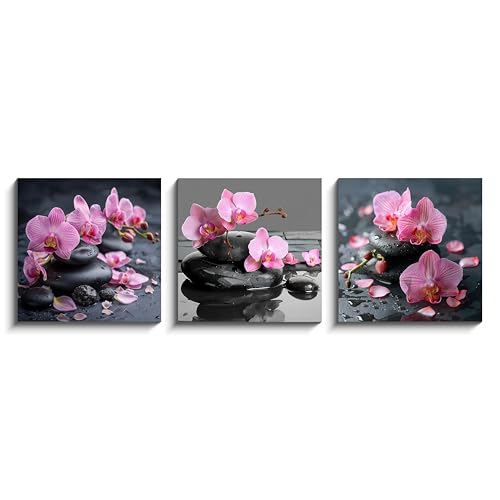 NAN Wind 3PCS Zen Spa Canvas Wall Art Pink Orchid Flower and Black Massage Stones Print Modern Botanical Floral Artwork Relaxation Theme Wall Decor for Bathroom Bedroom Home Spa Salon Decor - color: Pink Orchid and Black Massage Stones, size: 12X12inchX3p