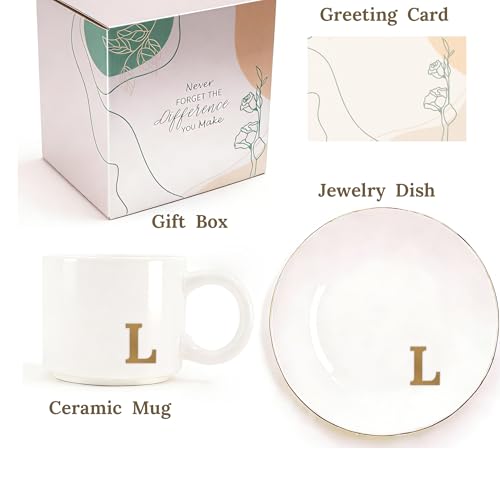 RainVibe Elegant Gift Set for Women – Personalized Monogram Ceramic Mug & Jewelry Tray – 12 oz Gold-Initial Coffee Cup with Gift Box, 4.75" Decorative Dish for Rings, Earrings, Keys (Letter L) - color: Letter L