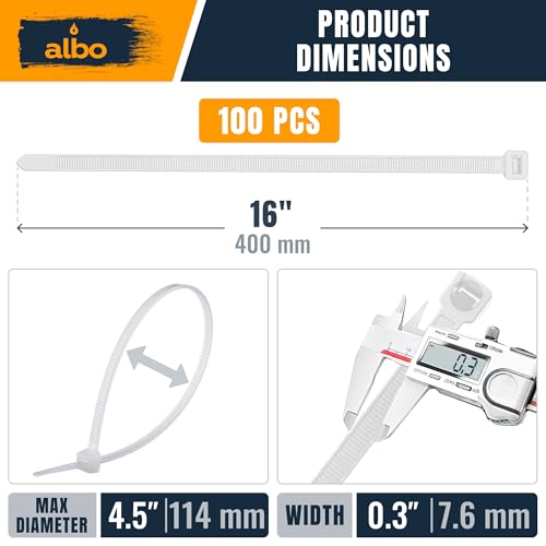 ALBO White Zip Ties Heavy Duty 16 Inch Long 120lb - 100 Pack Plastic Cable Ties 0.3 Inch Thick UV Resistant Tie Wraps for Indoor and Outdoor Use - size: 16" White 100 Pack 120lb