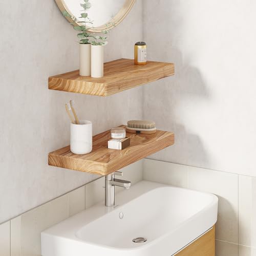 Fun Memories Rustic Solid Elm Wood Floating Shelves, 18" W x 8" D Floating Shelf Wall Mounted, 8 Inch Deep Wall Shelves, Wooden Bathroom Shelf for Home, Deep Bookshelf for Living Room, Set of 2 - color: Usa-sourced Elm Wood, size: 18"W x 8"D
