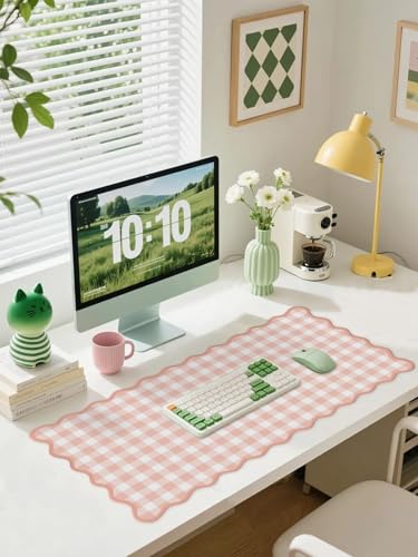 Scalloped Pink Checkered Gingham Desk Mat Cute Pastel Large Mouse Pad Kawaii Cottagecore Vintage Girly Laptop Keyboard Computer Mat Pad Aesthetic Cozy Office Desk Decor for Women - color: A4- Peach Pink