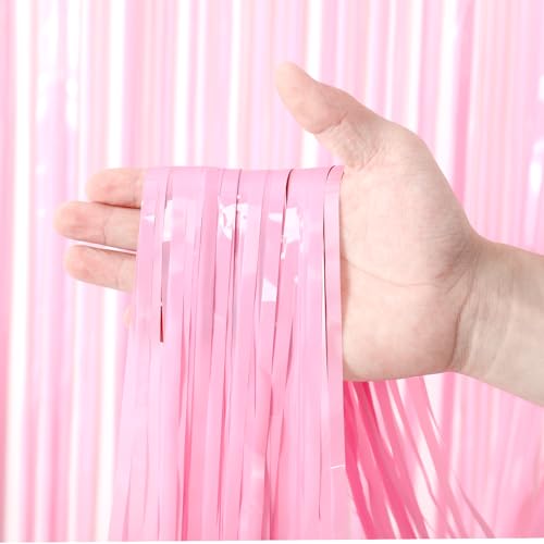 Voircoloria 3 Pack 3.3 x 8.2 ft Pasel Pink Foil Fringe Backdrop Curtains, Tinsel Streamers Birthday Party Decorations, Fringe Backdrop for Graduation, Baby Shower, Gender Reveal, Disco Party - color: 04 Pastel Pink